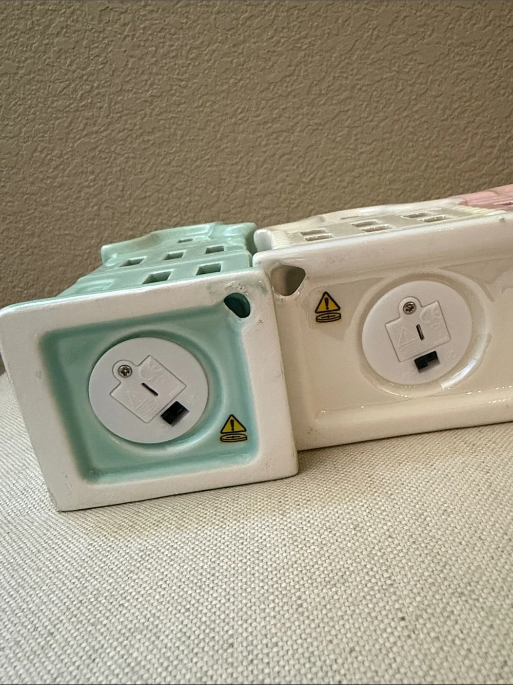 Set-of-3 Ceramic Light-up Village Pieces, 4.5”-6.25” high, bottom on/off switch